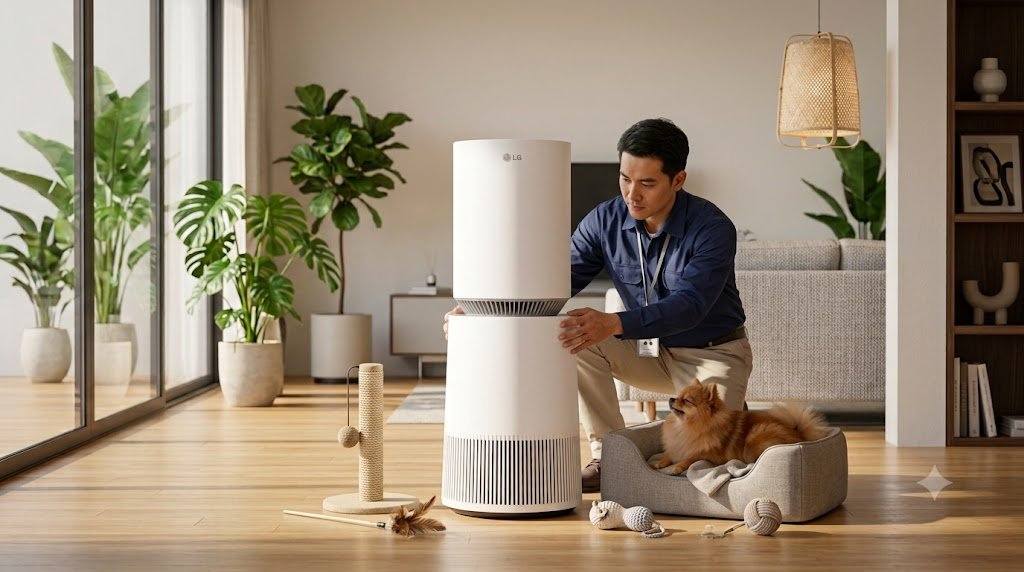 Tổng kho điều hòa, điện máy miền Bắc tại Hà Nội Kỹ thuật viên lắp đặt máy lọc không khí LG Alpha Pet gần khu vực sinh hoạt của thú cưng