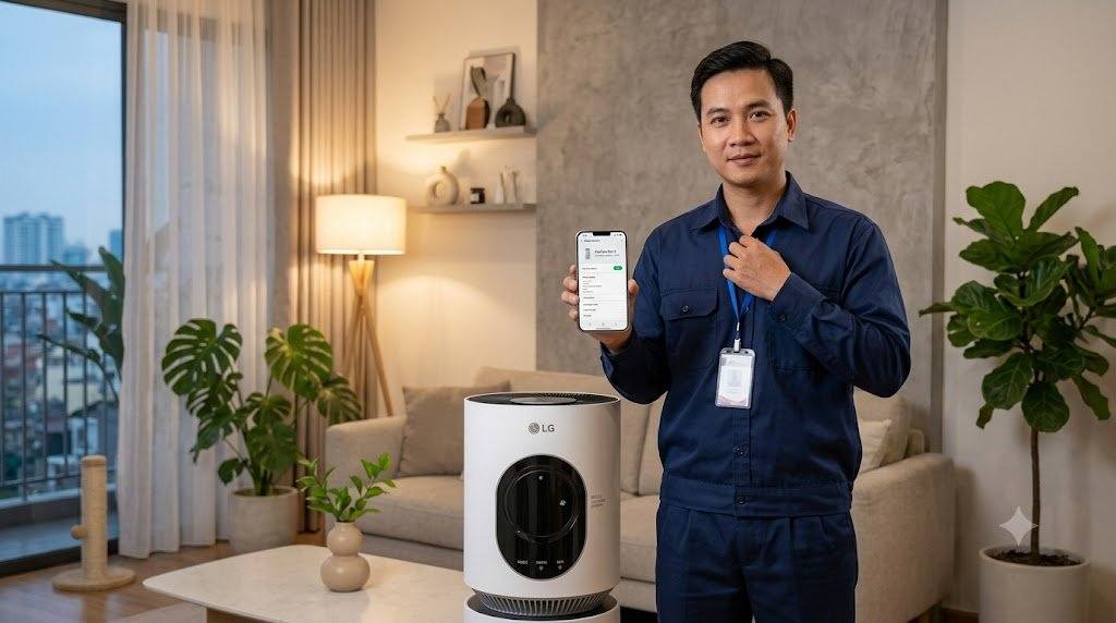Kỹ thuật viên kiểm tra thông tin phiên bản Gen 2 qua ứng dụng LG ThinQ