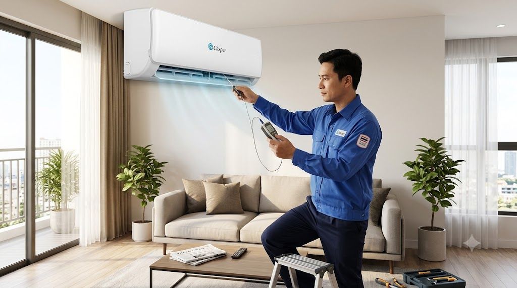 Tổng kho điều hòa, điện máy miền Bắc tại Hà Nội Kỹ thuật viên kiểm tra nhiệt độ sau khi lắp đặt điều hòa Casper 12000 BTU
