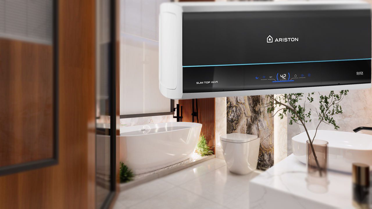 Bình nóng lạnh Ariston wifi Slim3 Top Wifi lắp trong phòng tắm hiện đại
