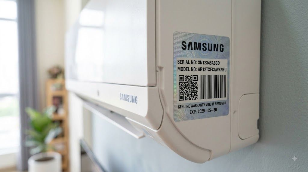 Cận cảnh tem bảo hành chính hãng và logo Samsung trên dàn lạnh điều hòa