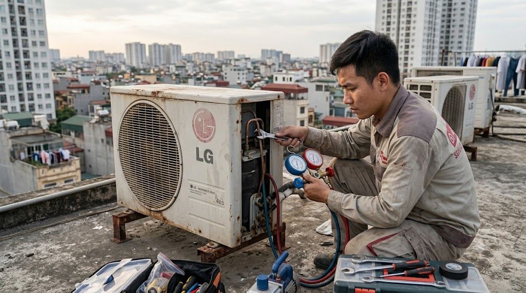 Kỹ thuật viên kiểm tra block máy nén điều hòa LG Whisen cũ