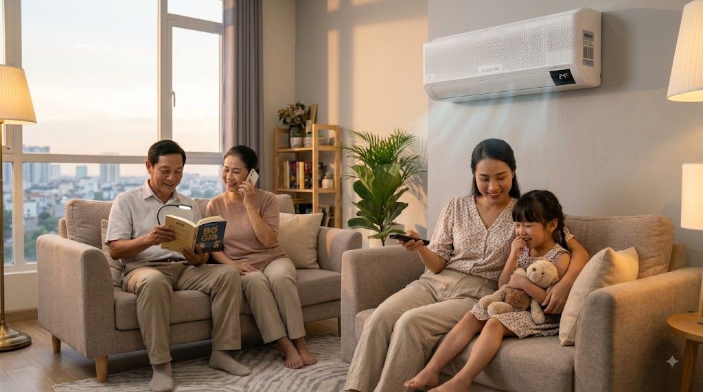 Gia đình Việt Nam thư giãn trong phòng khách dưới điều hòa Samsung WindFree đang chạy êm