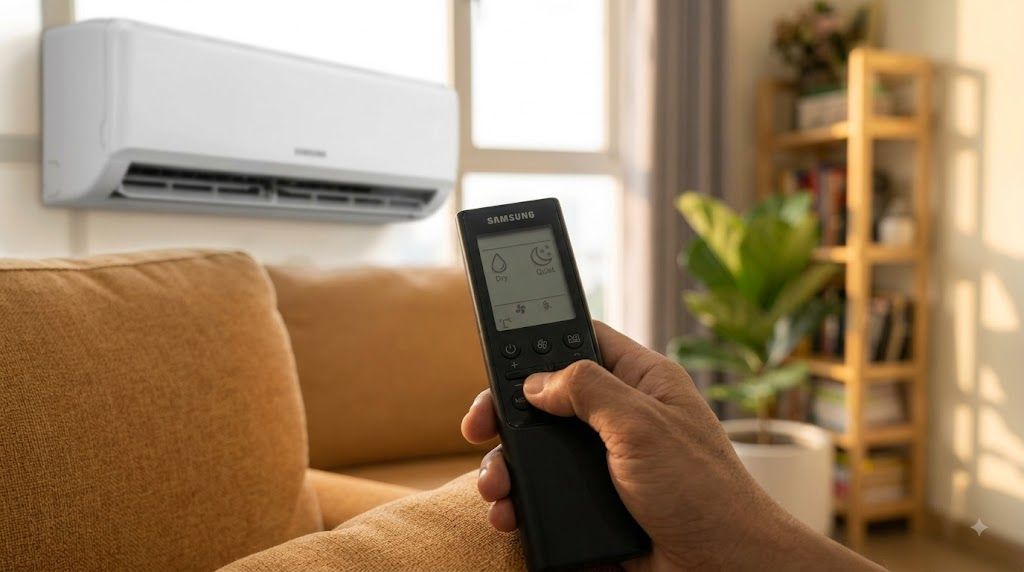 Tay người bấm nút chuyển chế độ trên remote điều hòa Samsung tại phòng khách