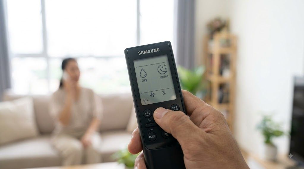 Remote điều hòa Samsung hiển thị chế độ Dry và Quiet trên màn hình LCD