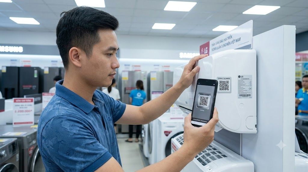 Khách hàng quét mã QR xác thực điều hòa LG chính hãng bằng điện thoại