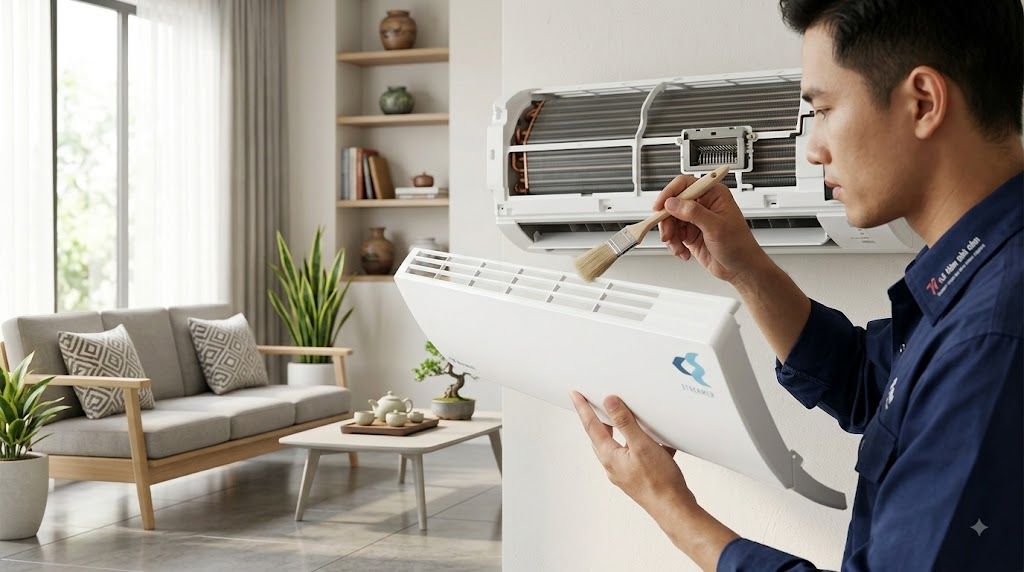 Kỹ thuật viên tháo lưới lọc dàn lạnh Daikin để vệ sinh module Streamer