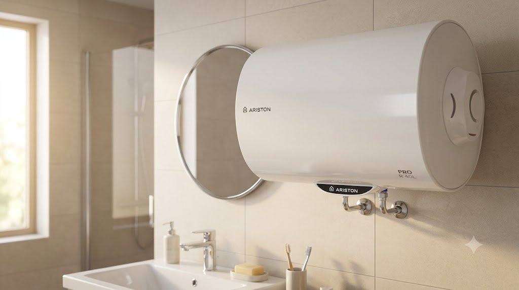 Tổng kho điều hòa, điện máy miền Bắc tại Hà Nội Bình nóng lạnh Ariston 40L lắp trong phòng tắm hiện đại