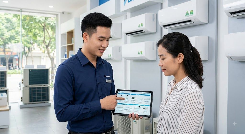 Tư vấn khách hàng chọn dòng điều hòa Daikin phù hợp tại showroom
