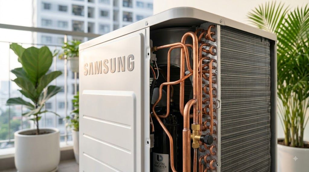 Dàn nóng điều hòa Samsung mở nắp lộ ống đồng và lá tản nhiệt