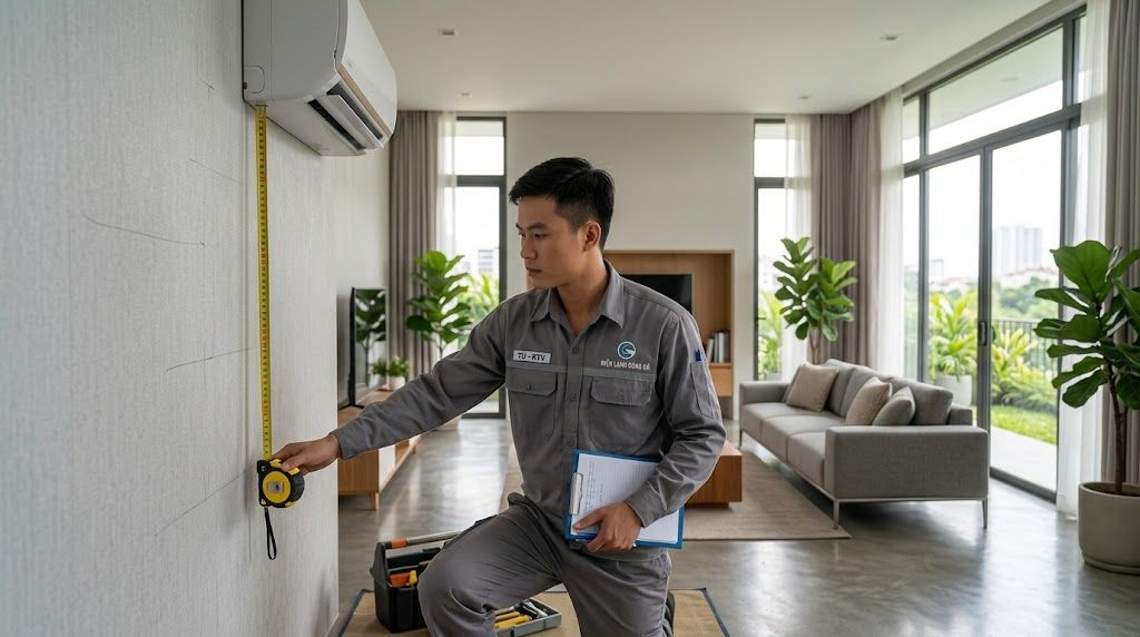 Kỹ thuật viên khảo sát vị trí lắp đặt điều hòa Casper công suất lớn