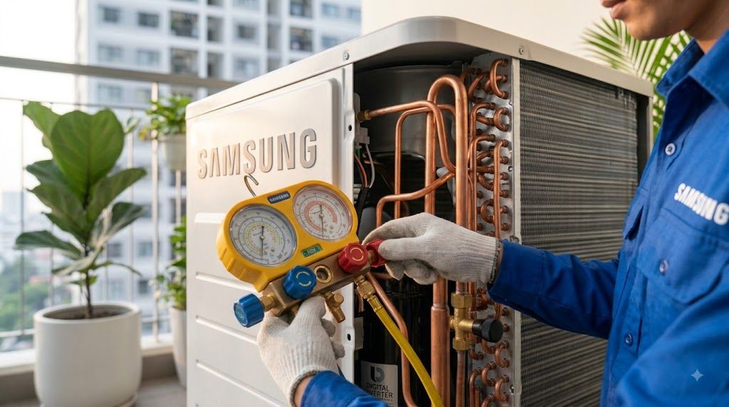 Kỹ thuật viên đo áp suất gas trên dàn nóng điều hòa Samsung