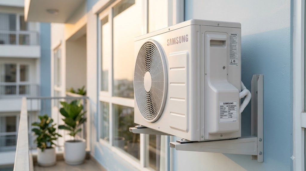 Dàn nóng điều hòa Samsung Digital Inverter với logo Samsung và tem thông số kỹ thuật