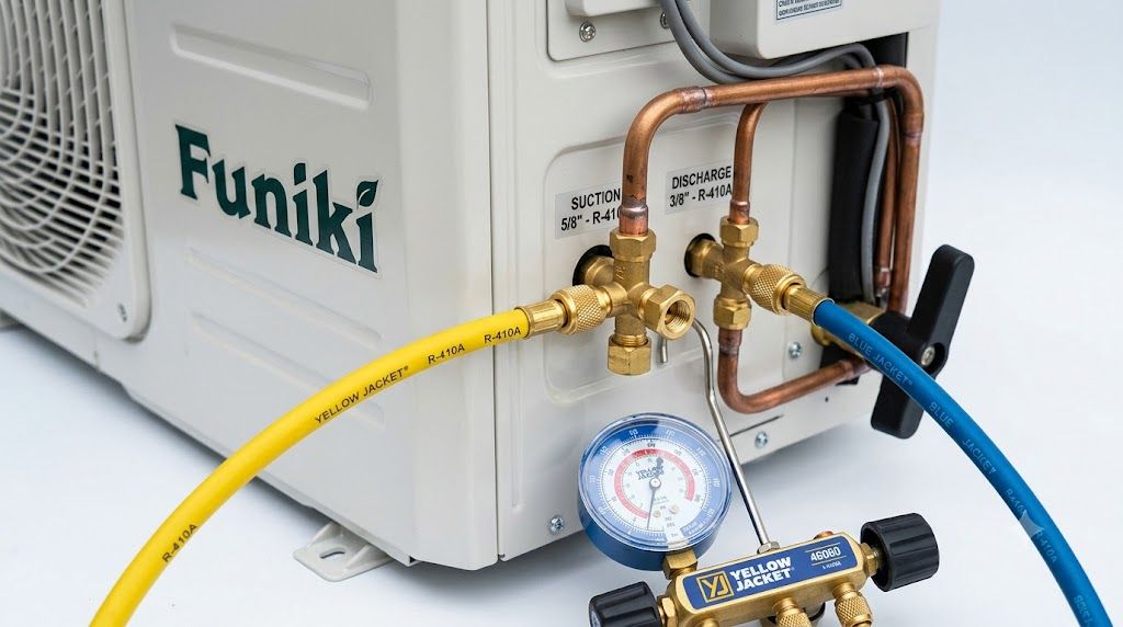 Van khóa ga trên dàn nóng điều hòa Funiki gắn đồng hồ đo áp suất