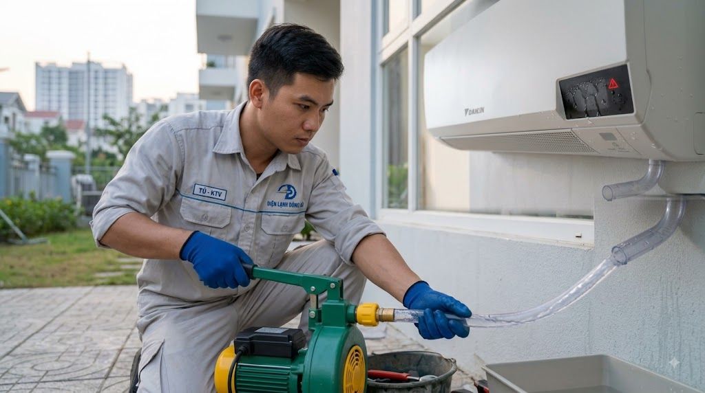 Kỹ thuật viên thông ống thoát nước điều hòa Daikin bằng máy bơm áp lực