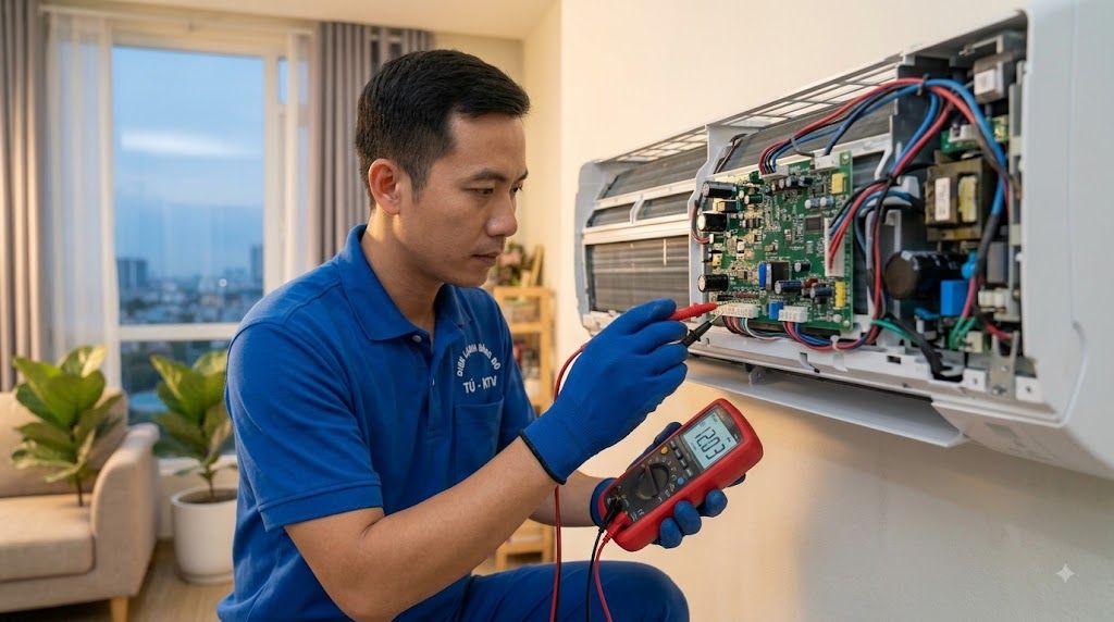 Kỹ thuật viên đo kiểm board mạch dàn lạnh Daikin bằng đồng hồ vạn năng
