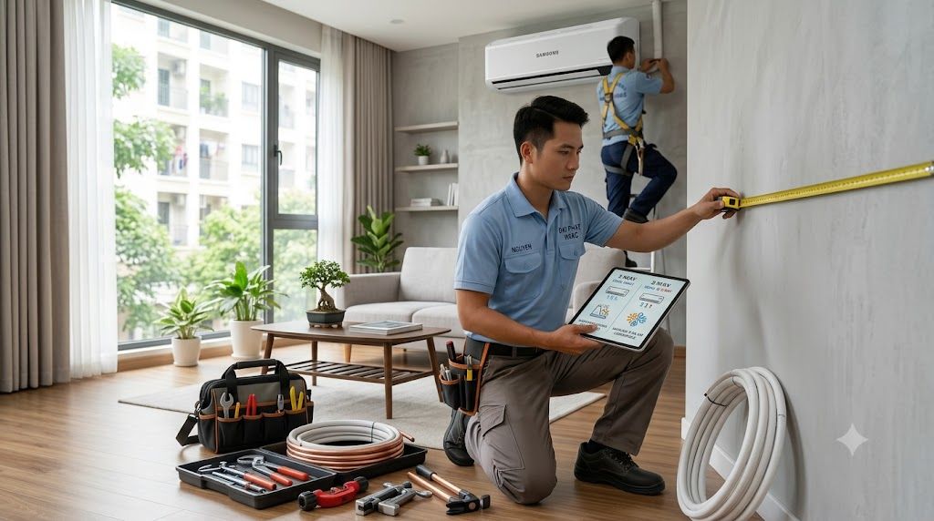 Kỹ thuật viên tư vấn đo đạc trước khi lắp điều hòa Samsung Inverter 9000 BTU