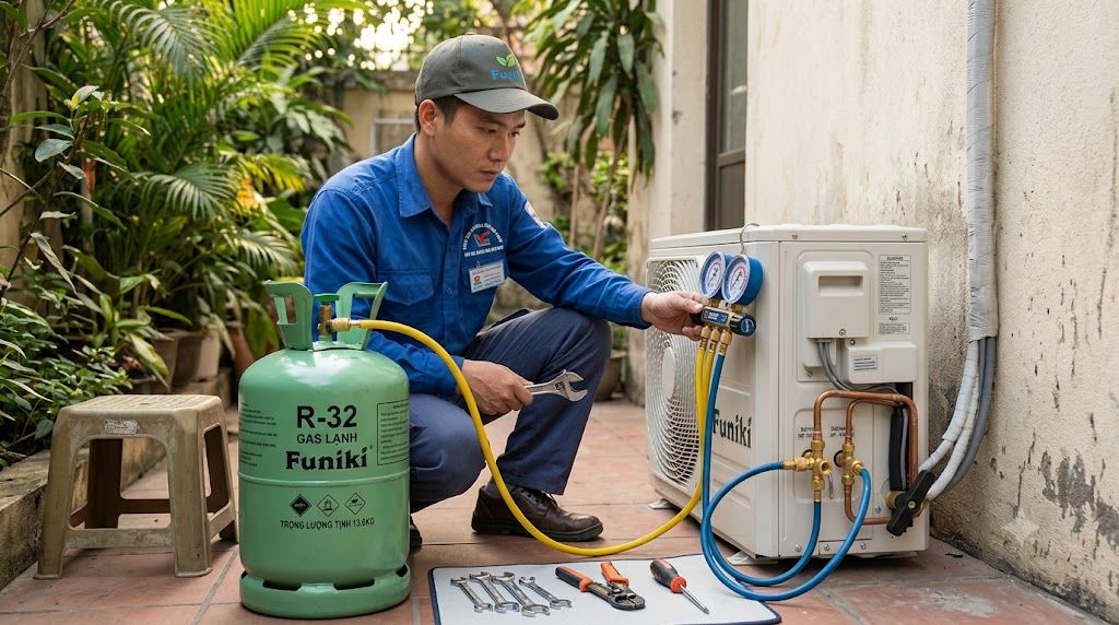 Kỹ thuật viên bơm gas R32 cho điều hòa Funiki bằng đồng hồ đo áp