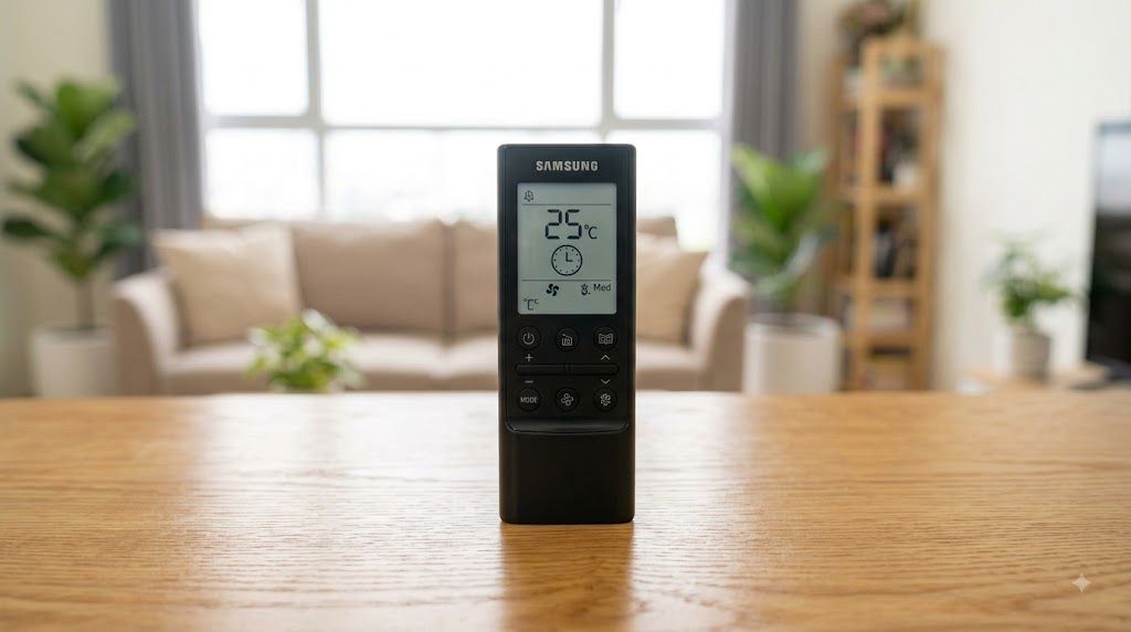 Remote điều hòa Samsung hiển thị nhiệt độ 24-26 độ và biểu tượng hẹn giờ trên màn hình LCD