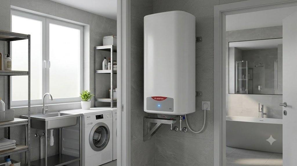 Tổng kho điều hòa, điện máy miền Bắc tại Hà Nội Bình nóng lạnh Ariston 80L lắp trong phòng tắm hiện đại