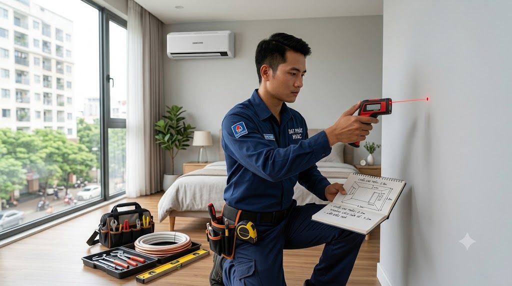Kỹ thuật viên đo diện tích phòng tư vấn chọn công suất điều hòa phù hợp 