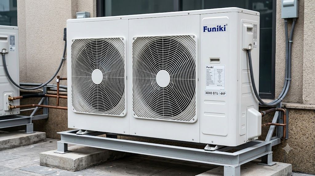 Tổng kho điều hòa, điện máy miền Bắc tại Hà Nội Dàn nóng hai quạt tản nhiệt của điều hòa Funiki 36000 BTU 4HP