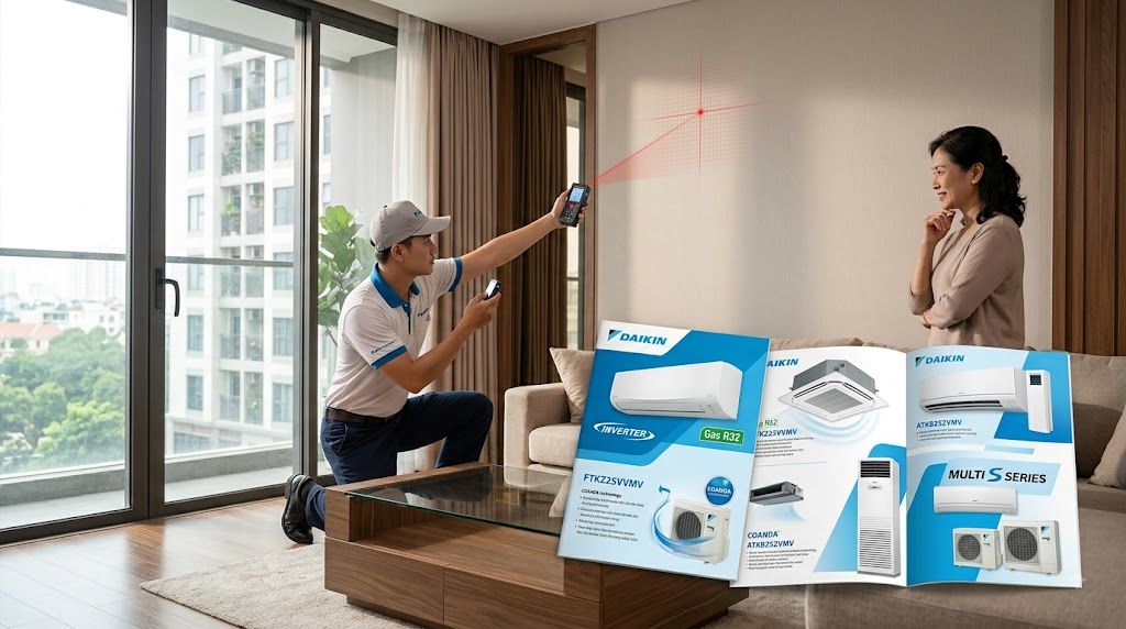 Kỹ thuật viên khảo sát vị trí lắp điều hòa Daikin tại nhà khách hàng
