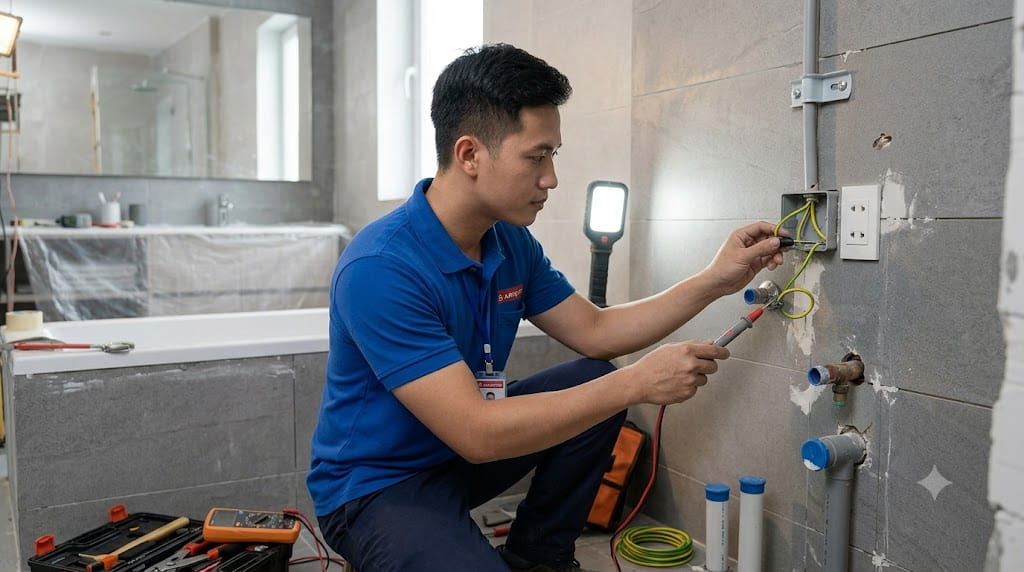 Kỹ thuật viên kiểm tra hệ thống điện trước khi lắp bình nóng lạnh