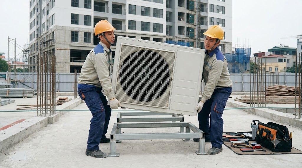 Tổng kho điều hòa, điện máy miền Bắc tại Hà Nội Đội kỹ thuật viên khiêng lắp đặt dàn nóng điều hòa Funiki 36000 BTU 4HP