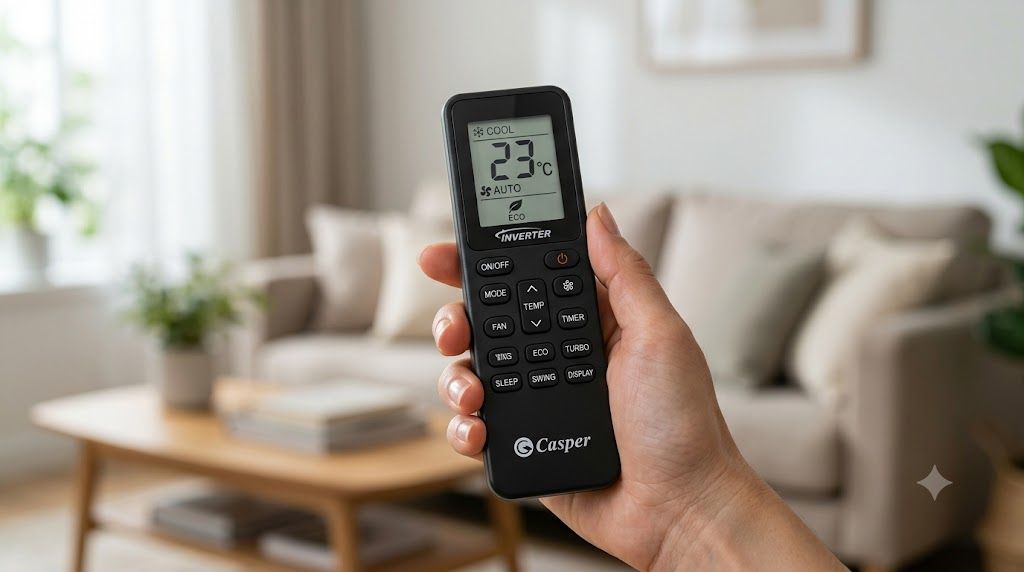 Remote điều khiển điều hòa Casper Inverter hiển thị biểu tượng tiết kiệm điện