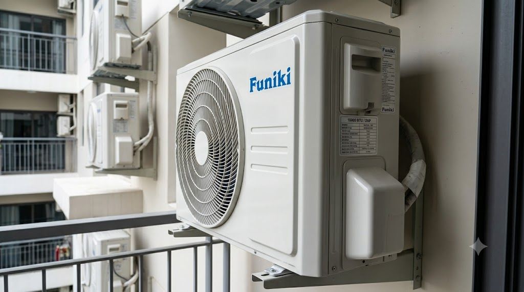 Tổng kho điều hòa, điện máy miền Bắc tại Hà Nội Tem thông số công suất 18000 BTU 2HP trên dàn nóng điều hòa Funiki