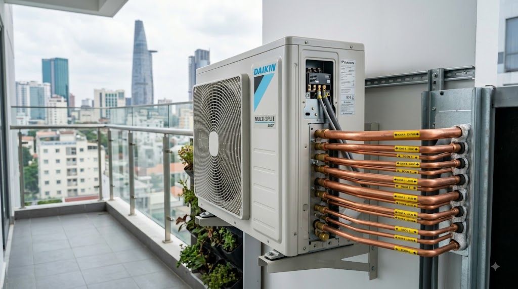 Dàn nóng Daikin nhiều ống dẫn cho hệ thống điều hòa multi trên ban công
