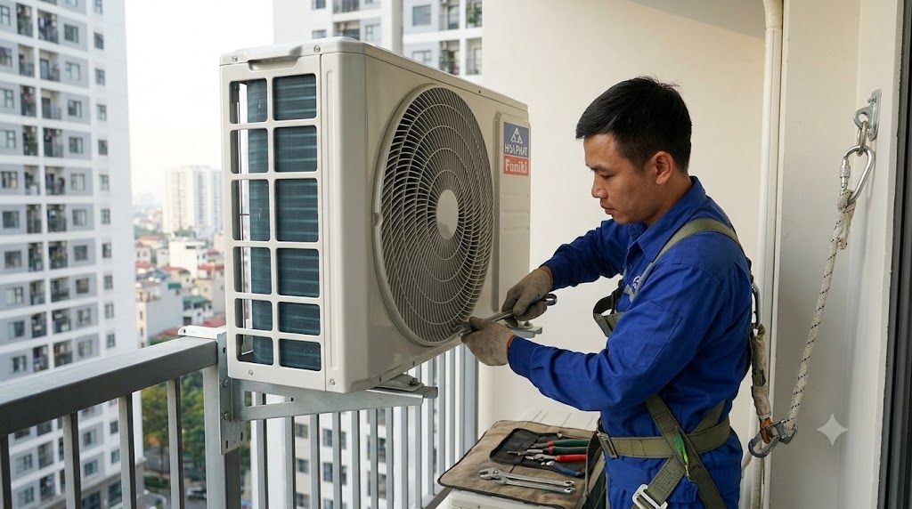 Tổng kho điều hòa, điện máy miền Bắc tại Hà Nội Kỹ thuật viên lắp đặt dàn nóng điều hòa Funiki 2HP trên giá đỡ ban công