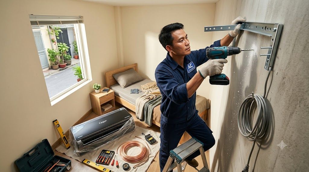Kỹ thuật viên lắp đặt dàn lạnh điều hòa Casper 9000 BTU trên tường phòng ngủ