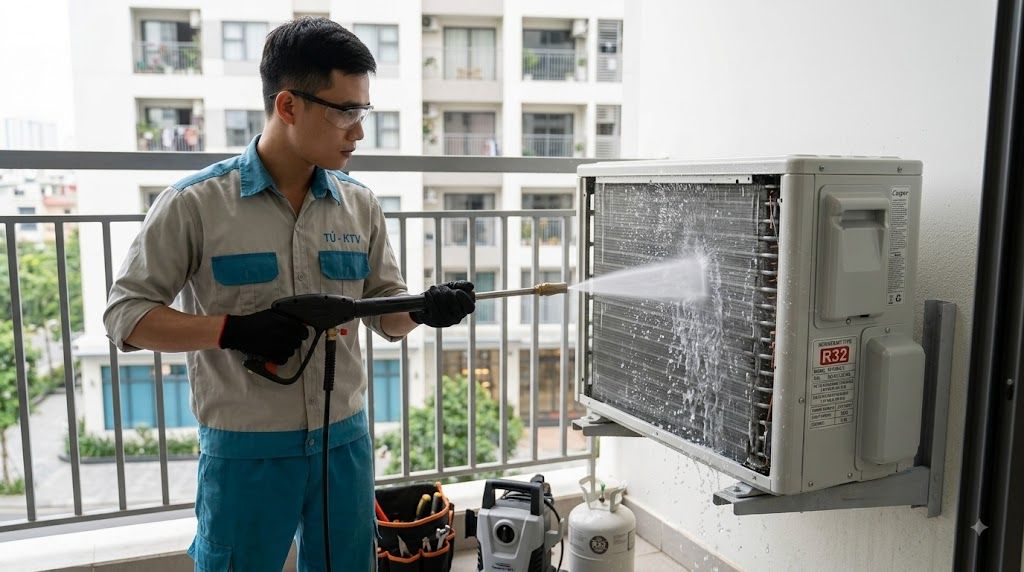 Kỹ thuật viên xịt rửa dàn nóng điều hòa Casper bằng máy bơm áp lực