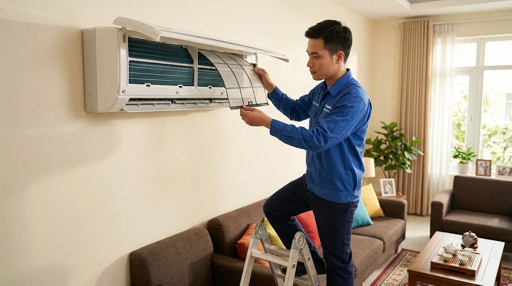 Kỹ thuật viên bảo trì định kỳ điều hòa Panasonic tại nhà khách hàng
