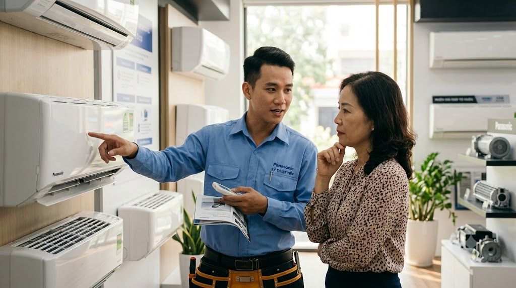 Tổng kho điều hòa, điện máy miền Bắc tại Hà Nội Kỹ thuật viên tư vấn khách hàng chọn điều hòa Panasonic phù hợp
