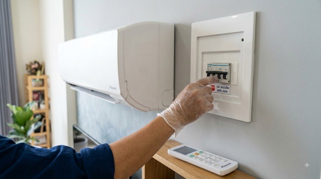 Tay người ngắt aptomat để reset nguồn điều hòa Daikin an toàn
