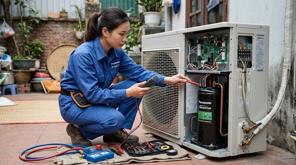 Kỹ thuật viên kiểm tra máy nén Inverter điều hòa Panasonic tại dàn nóng