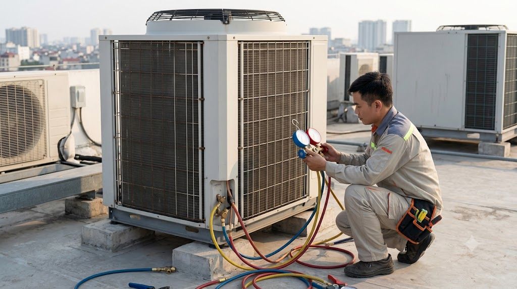 Tổng kho điều hòa, điện máy miền Bắc tại Hà Nội Kỹ thuật viên đo áp suất gas cho điều hòa Funiki công suất lớn 24000 BTU