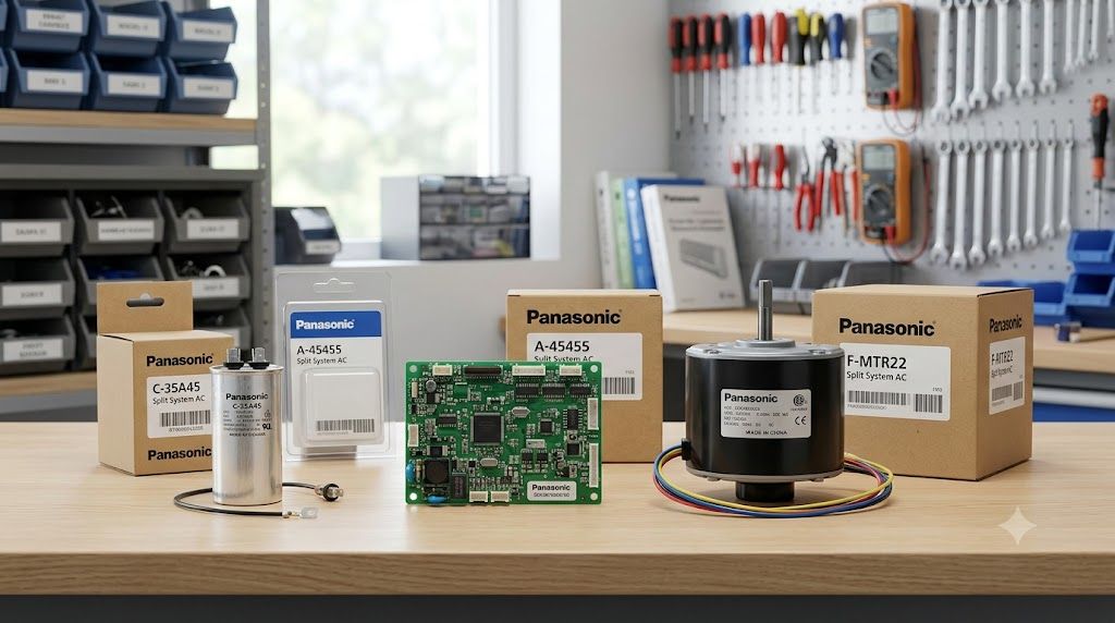 Bộ linh kiện điều hòa Panasonic gồm tụ điện, bo mạch, quạt dàn nóng