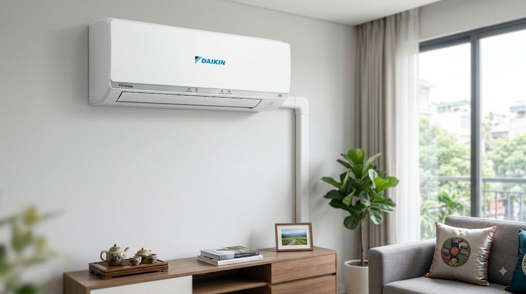 Tổng kho điều hòa, điện máy miền Bắc tại Hà Nội Đánh giá điều hòa Daikin: dàn lạnh treo tường trong phòng khách hiện đại