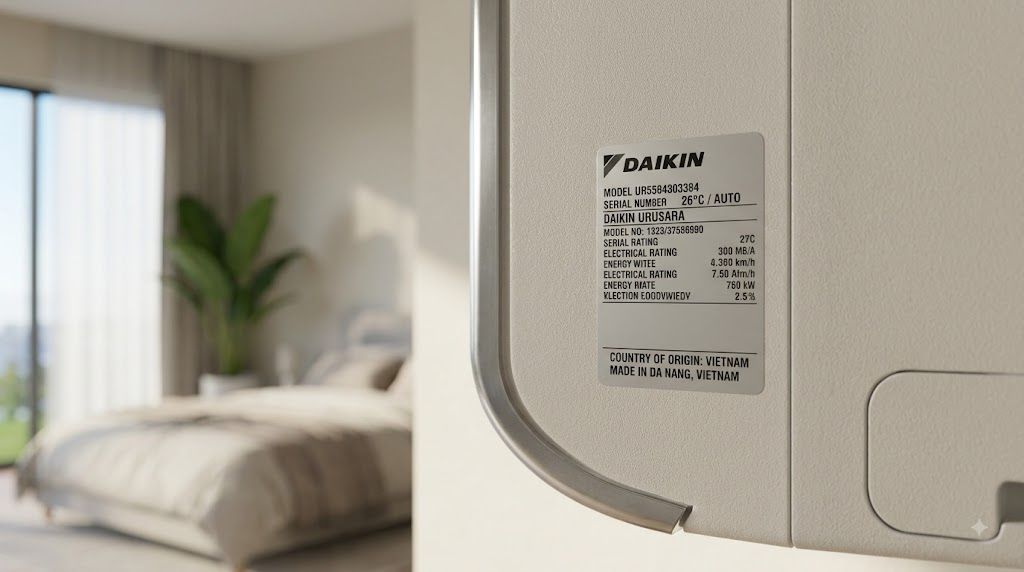 Tem nhãn xuất xứ trên vỏ máy điều hòa Daikin