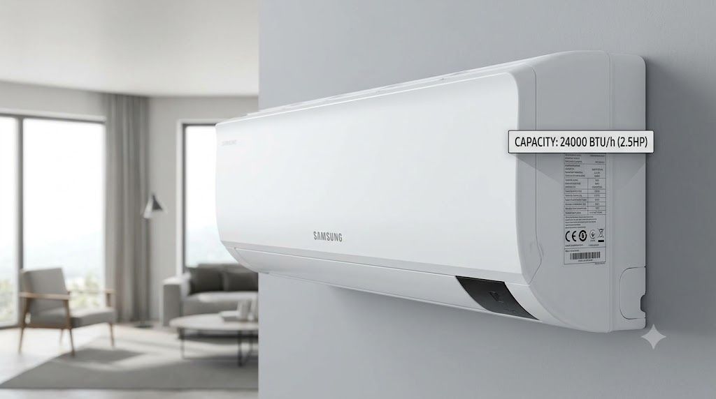 Dàn lạnh điều hòa Samsung 24000 BTU 1 chiều inverter với logo Samsung và tem thông số kỹ thuật