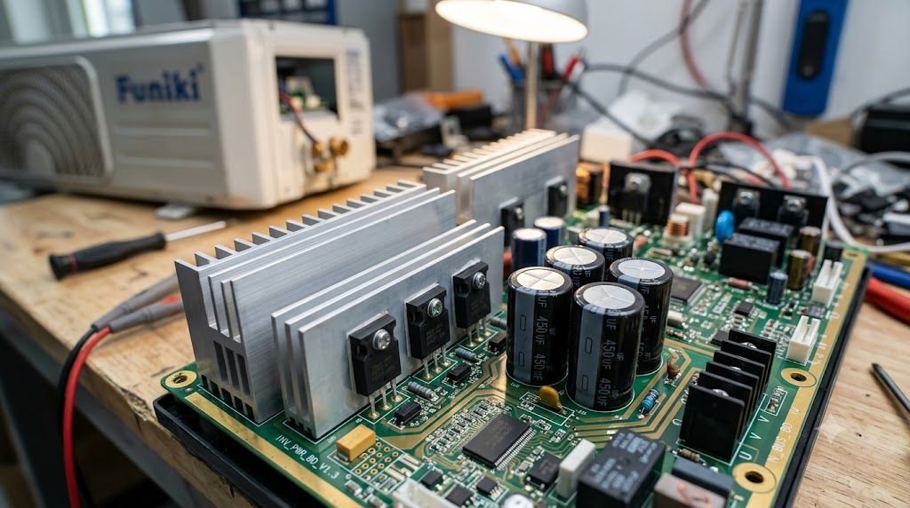 Close-up of an inverter circuit board removed from inside a Funiki branded air conditioner outdoor unit, visible power transistors, heat sink and capacitors, Funiki logo faintly visible on the unit casing in the background, workbench setting, professional product photography, sharp focus, 8K detail, photorealistic, no watermark, --ar 16:9