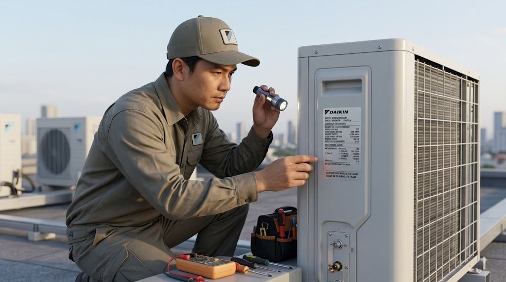 Kỹ thuật viên kiểm tra tem xuất xứ ở dàn nóng Daikin
