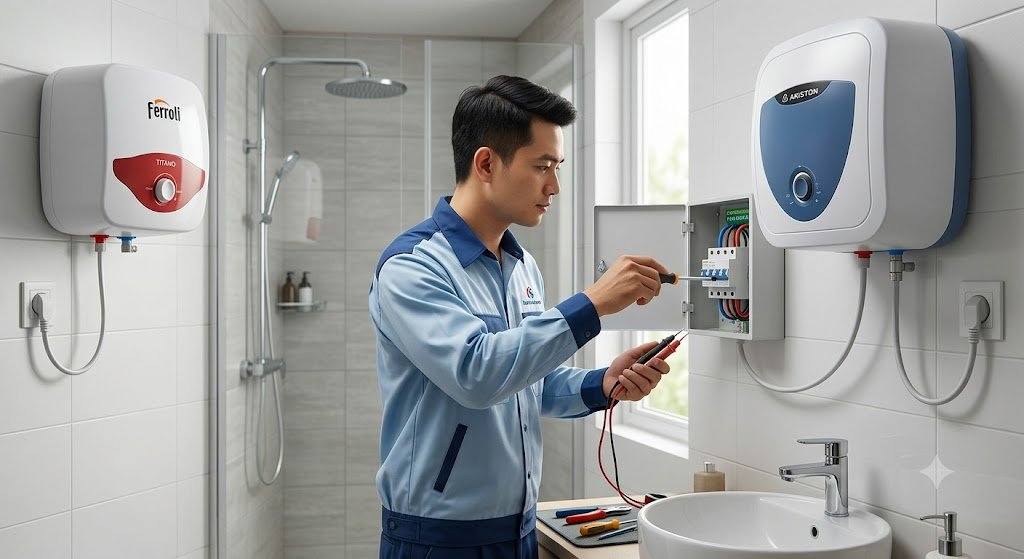 Kỹ thuật viên kiểm tra aptomat chống giật khi lắp bình nóng lạnh