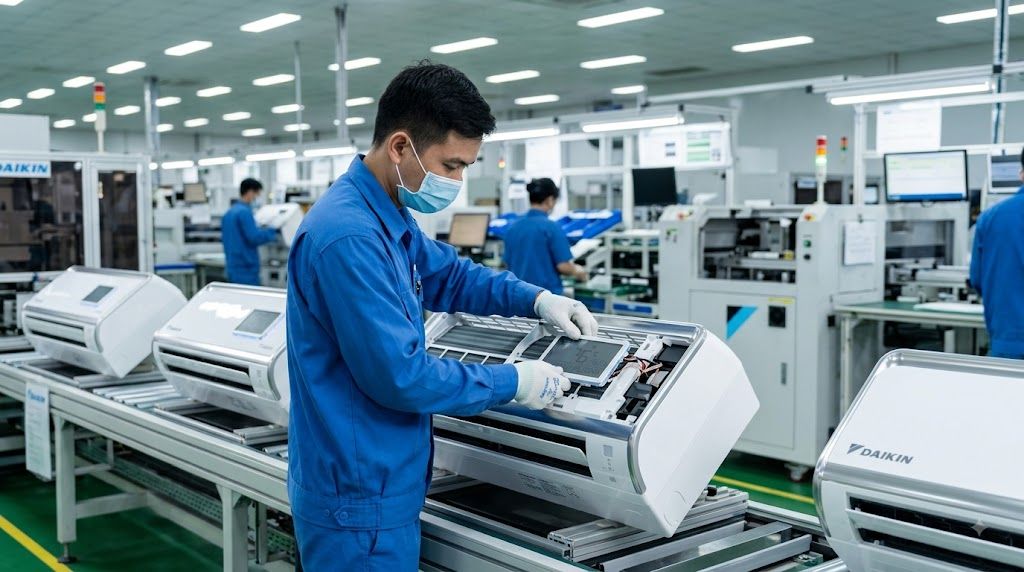 Công nhân lắp ráp điều hòa Daikin trên dây chuyền tại Việt Nam