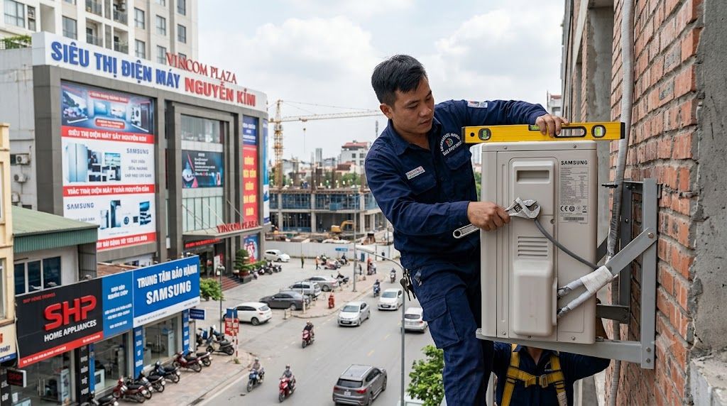 Kỹ thuật viên đo đạc lắp đặt dàn nóng điều hòa Samsung công suất lớn tại showroom