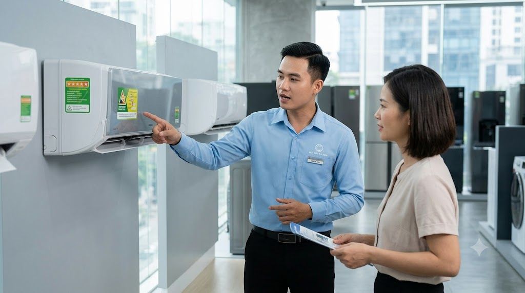Nhân viên tư vấn so sánh điều hòa Funiki Inverter và bản thường cho khách